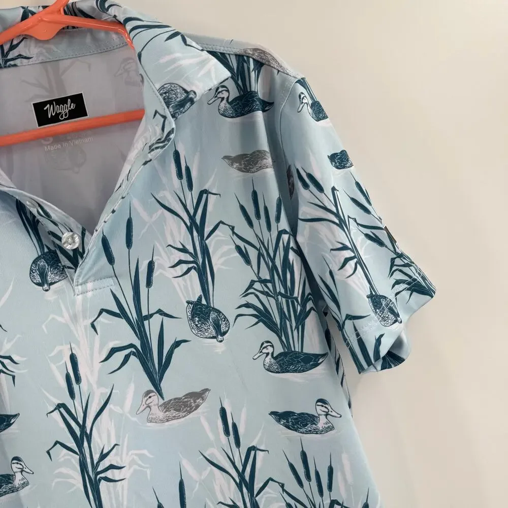 WAGGLE Polo Boys Size Small Blue Gray Duck Duck Golf Sporty Breathable Athletic